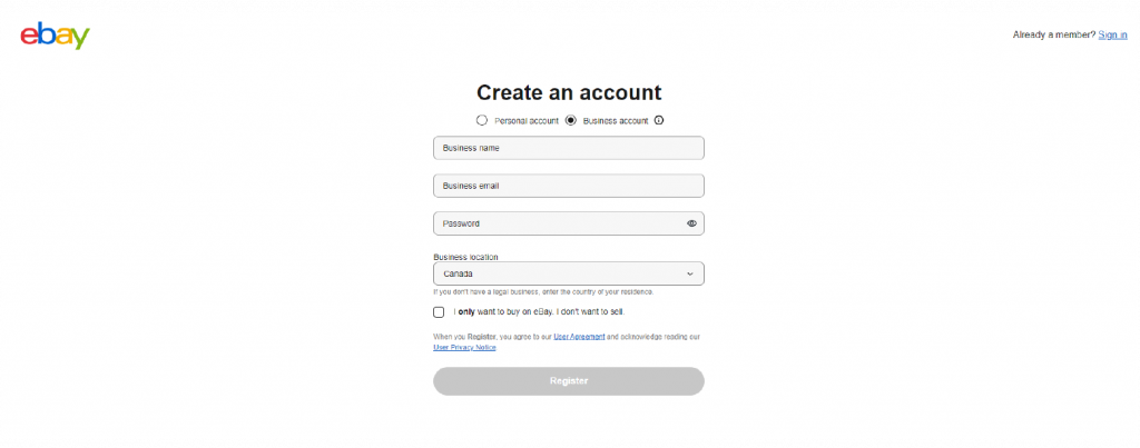 ebay Canada registration page